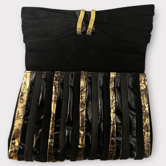 Bycks Evening Bag Black Velvet Clutch Gold Striped Front Bow Shoulder VTG 80s - Picture 6 of 8